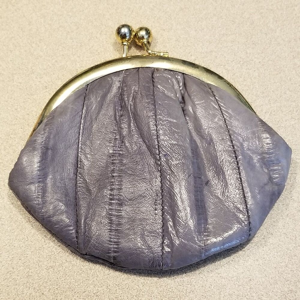Vintage genuine eel skin kiss lock coin purse gray made in Korea